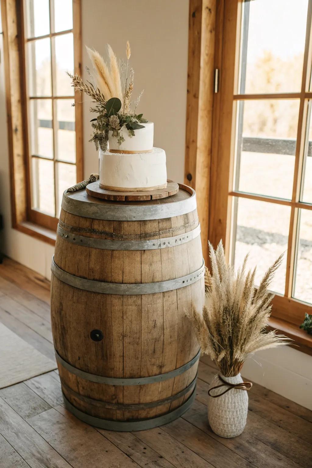 Rustic wine barrel cake display with clean lines, warm wood grain, and soft boho details.