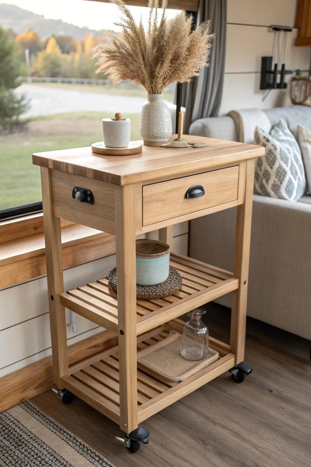 Mini RV island bar on locking casters—solid, roll-away style with a thick wood top.