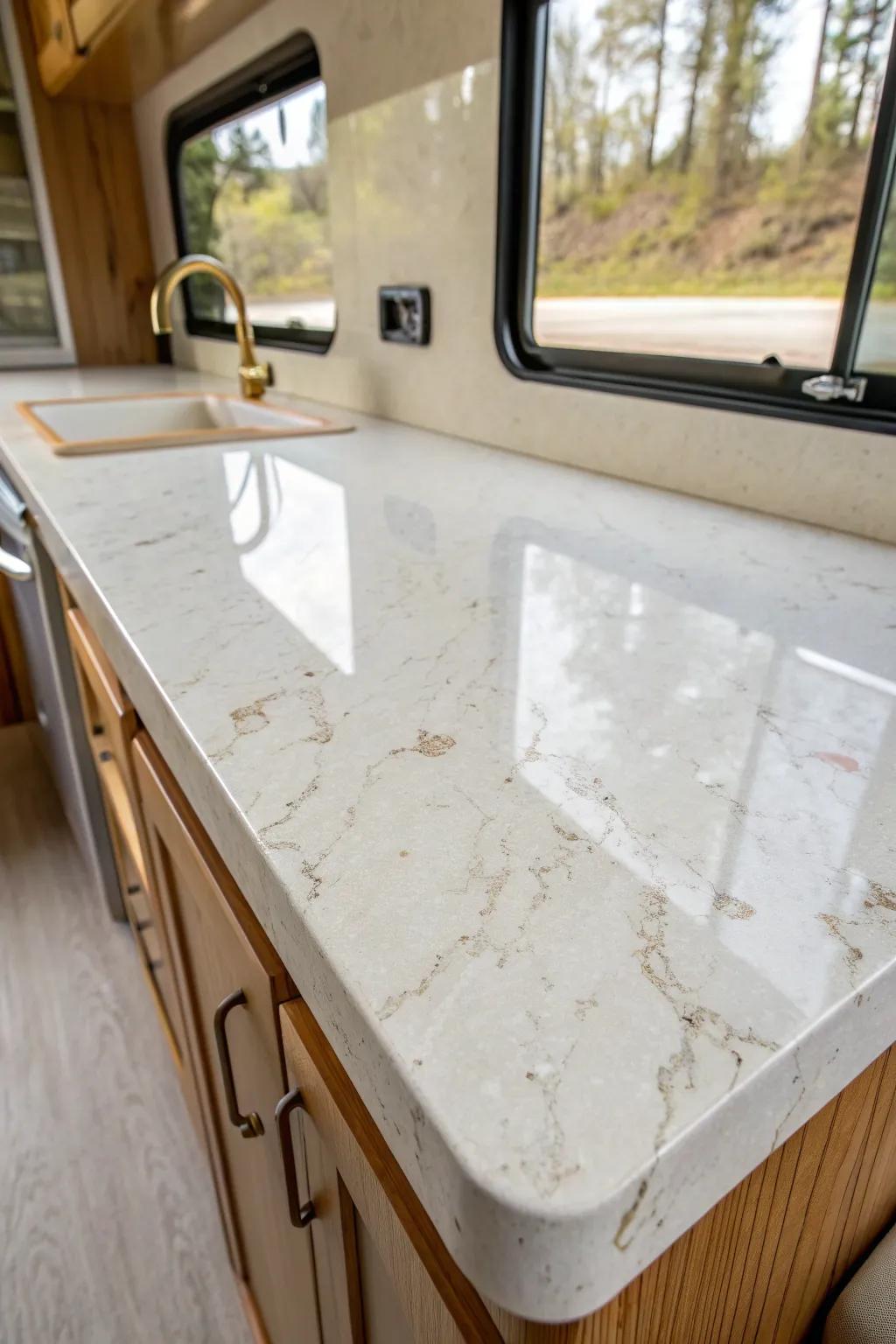 A thin epoxy “stone” coat transforms an RV counter into a bright, marble-like showpiece.