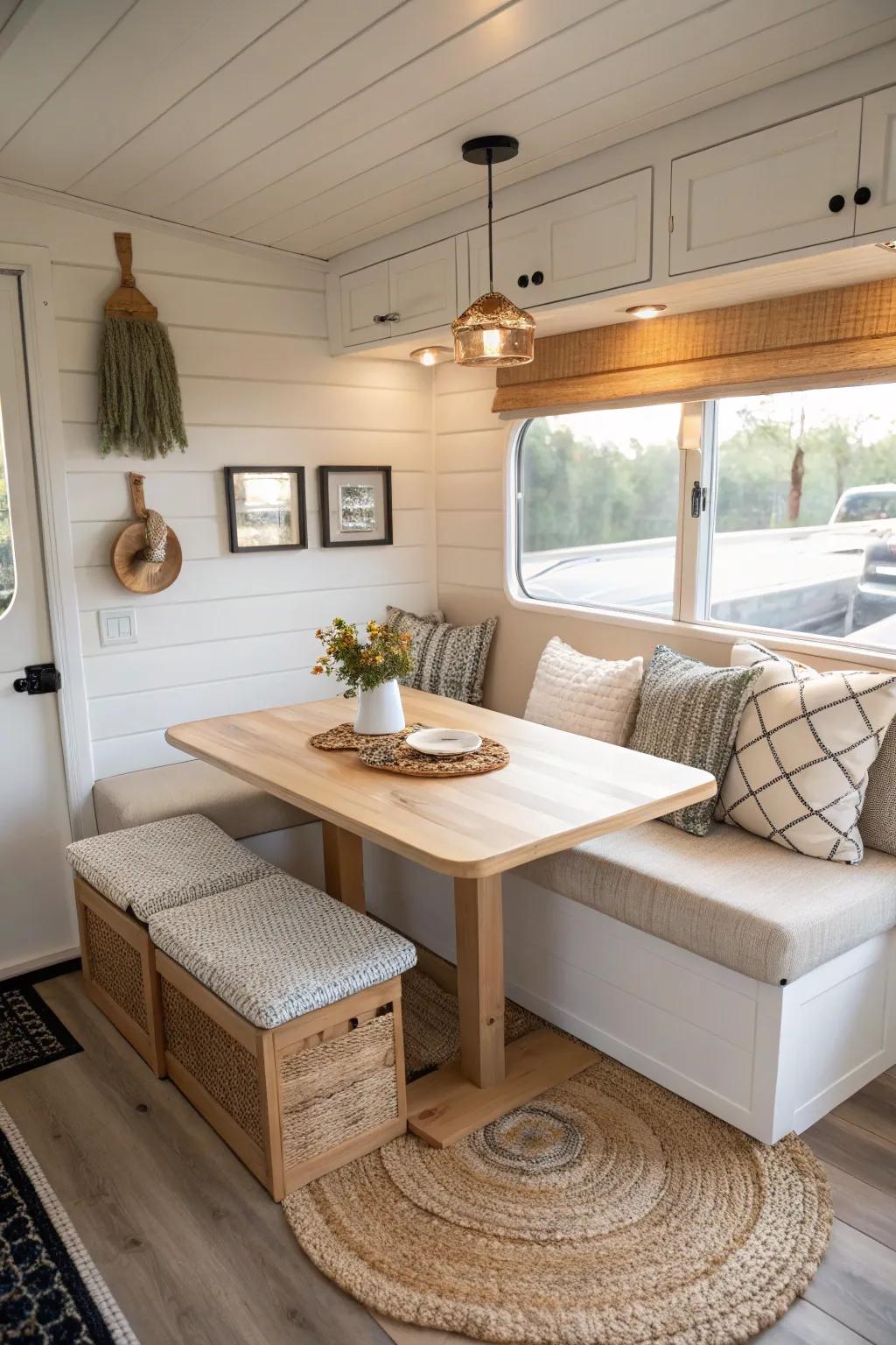 Space-smart L-shaped banquette + compact oak table for a cozy, minimalist RV dining nook.