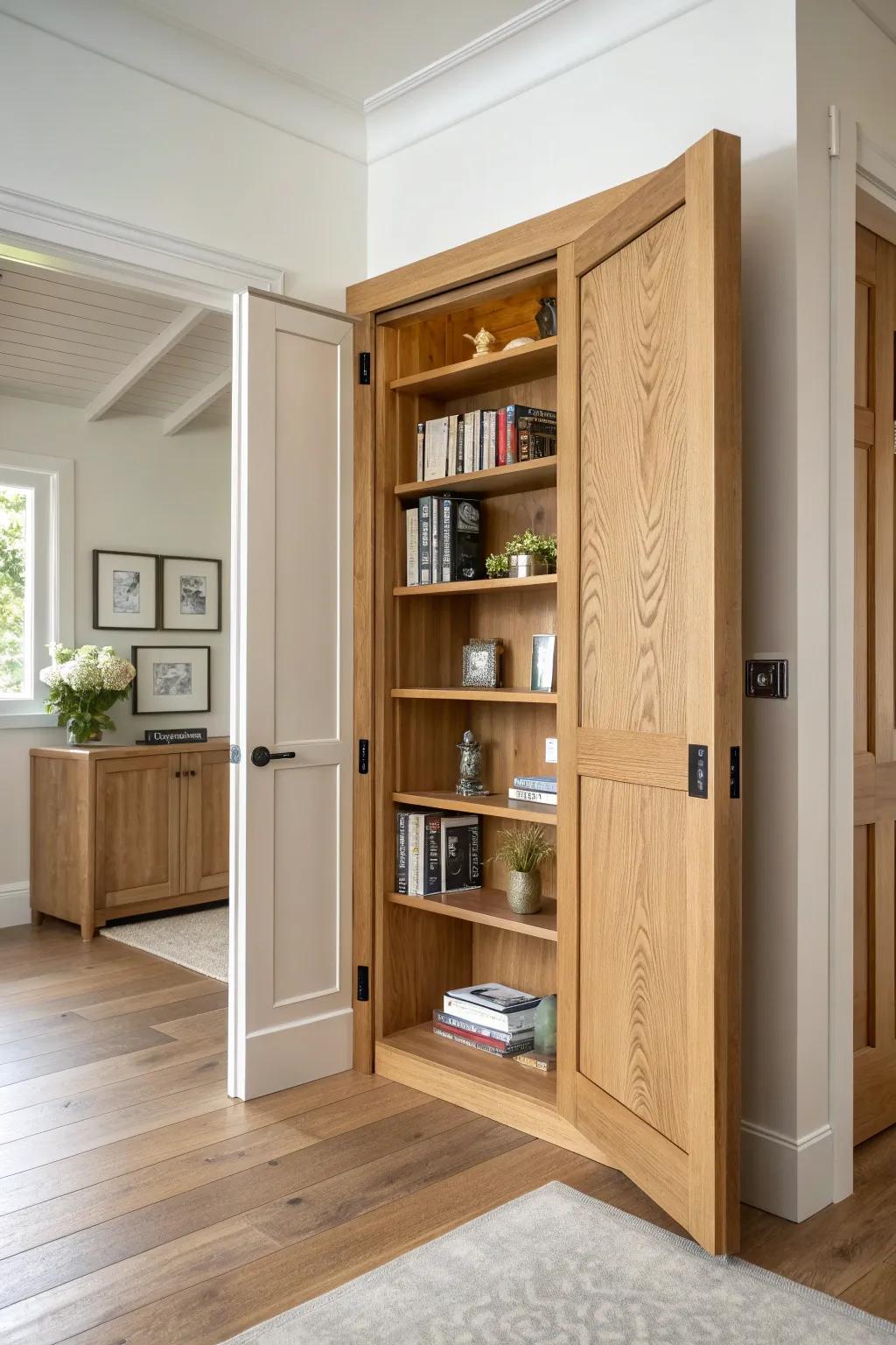 Seamless oak bookcase Murphy door—minimalist, handcrafted, and hiding a safe room in plain sight.