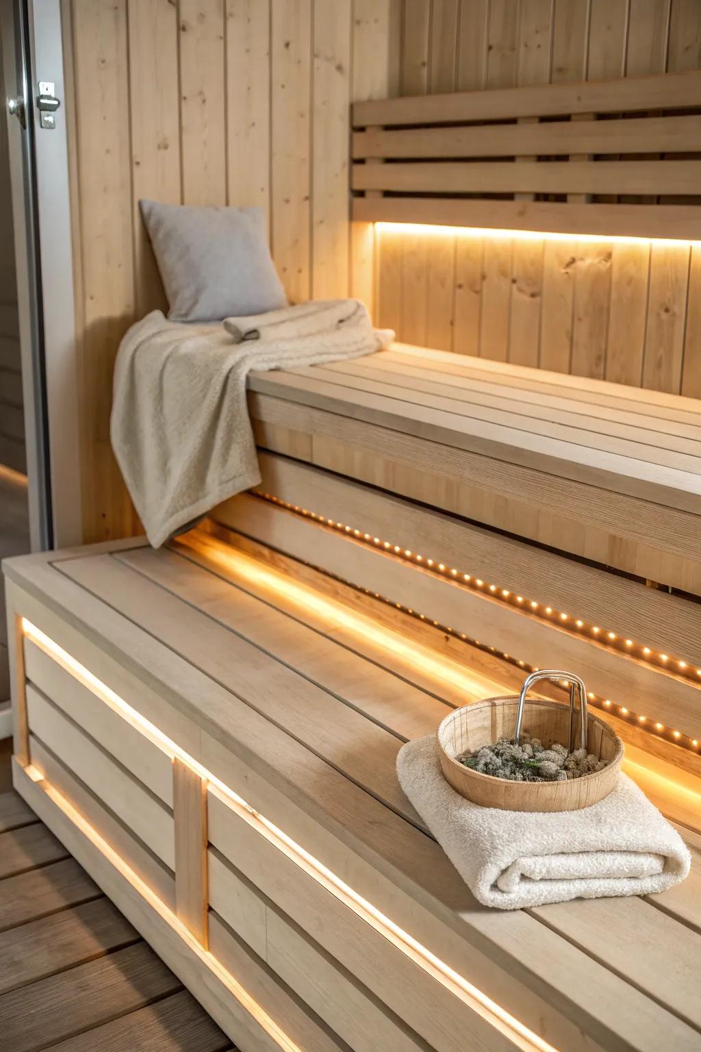 Hidden warm LED glow under the bench lip turns simple sauna woodwork into instant spa calm.