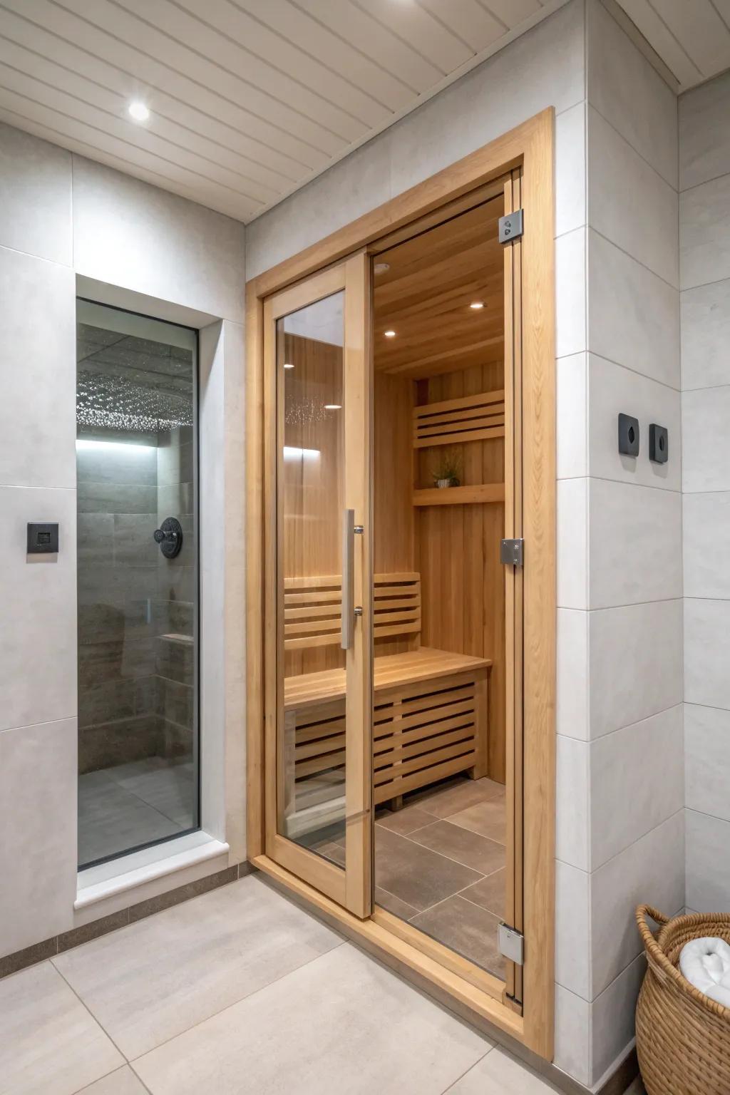 Glass sauna door facing the shower keeps zones separate while making the room feel bigger.