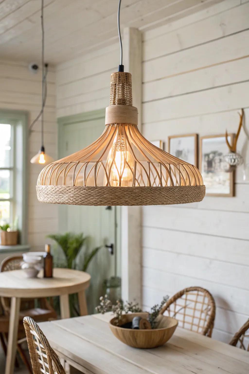 A low-hung pendant creates a cozy, Scandinavian glow—simple lines, warm light, pure calm.