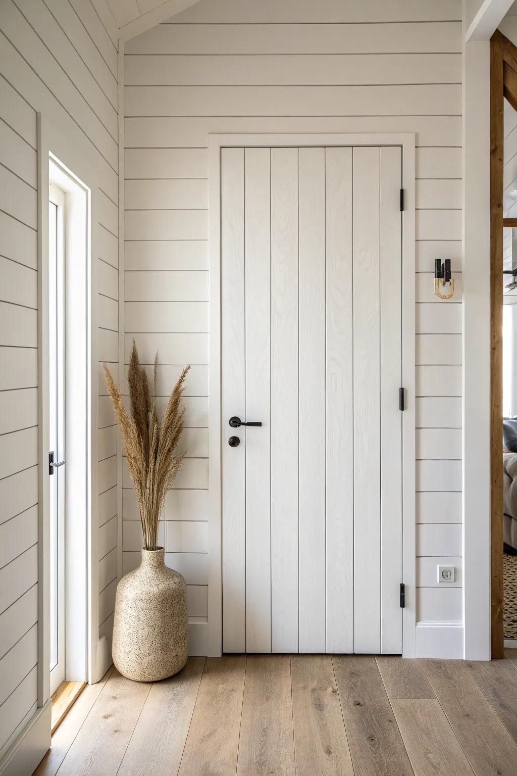 Shiplap planking makes a secret door vanish—painted seamless for a clean, cozy look.