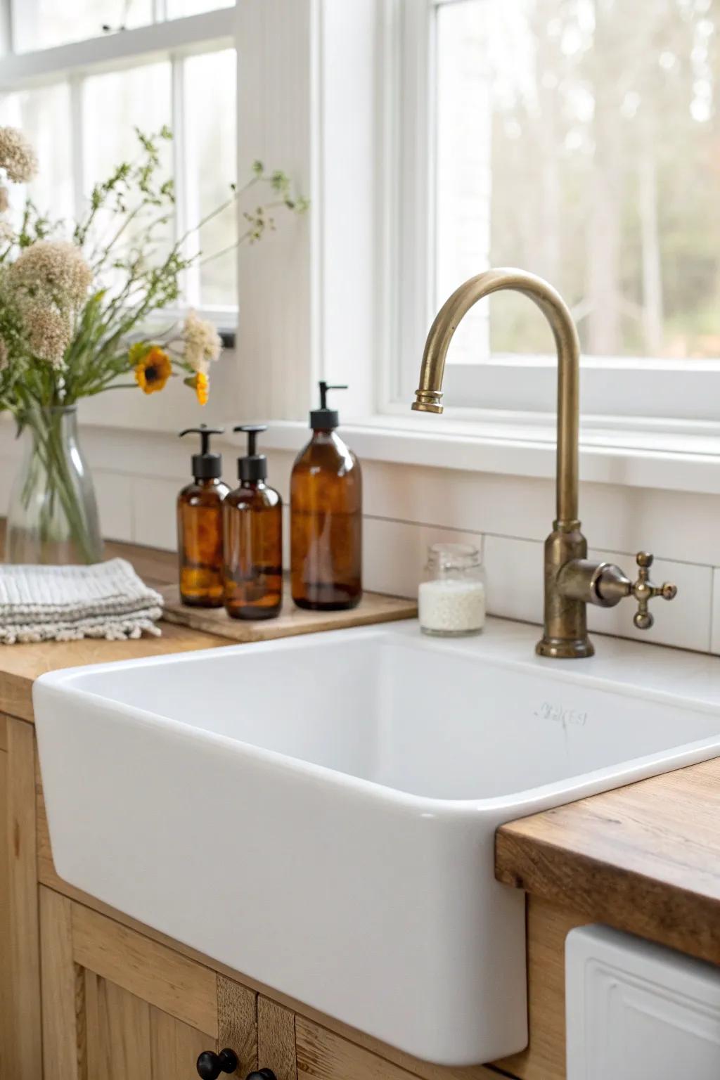 Apron-front charm: crisp white sink, warm wood ledge, and a tiny vase for effortless shabby chic.