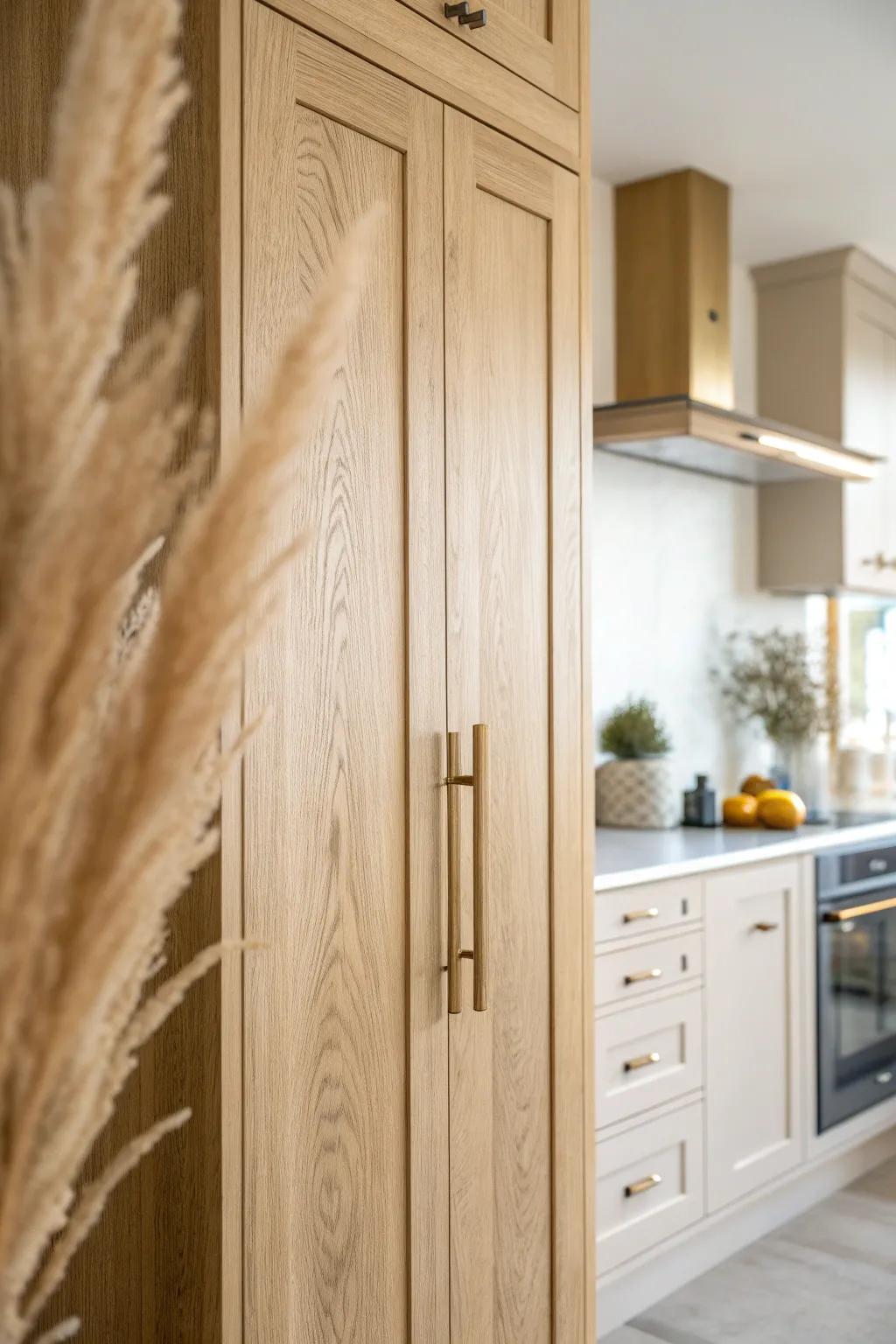Long brass pulls on tall Shaker pantry doors for a high-end, easy one-handed upgrade.