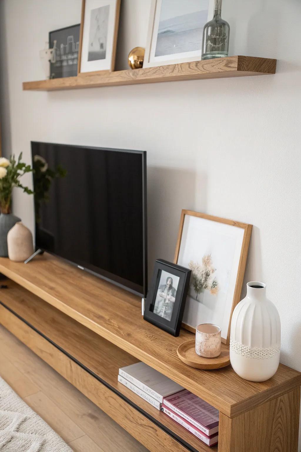 Slim picture ledge beside the TV: layered frames, a tiny vase, and trailing greenery.