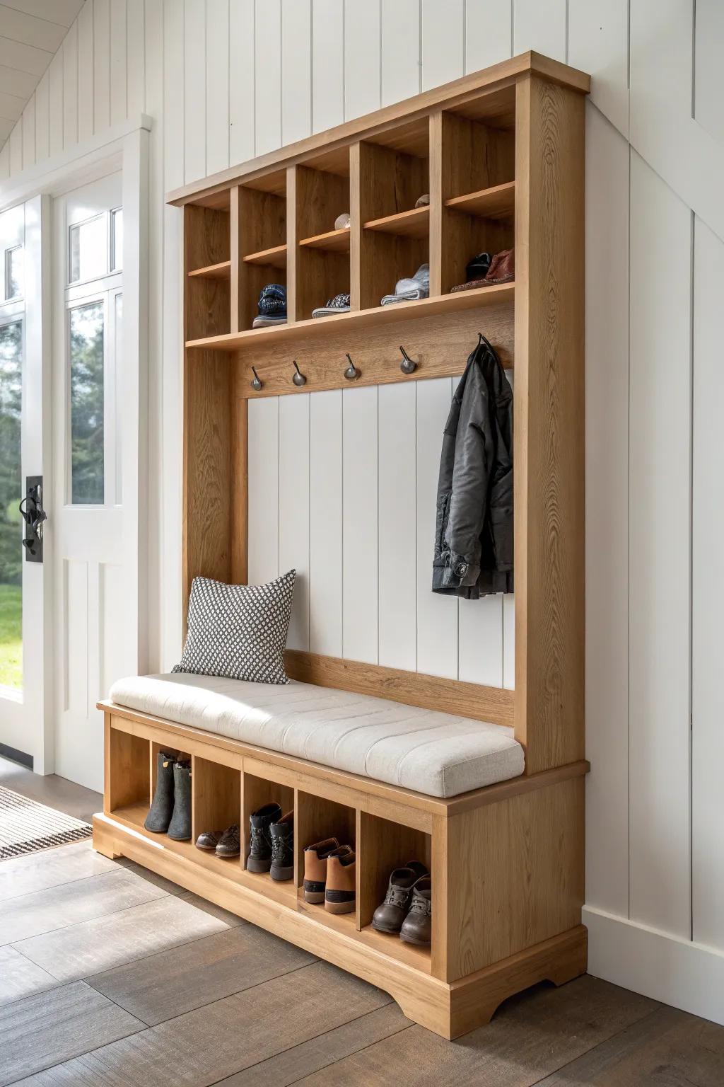 Handcrafted mudroom bench with open shoe cubbies set against crisp white shiplap wall.