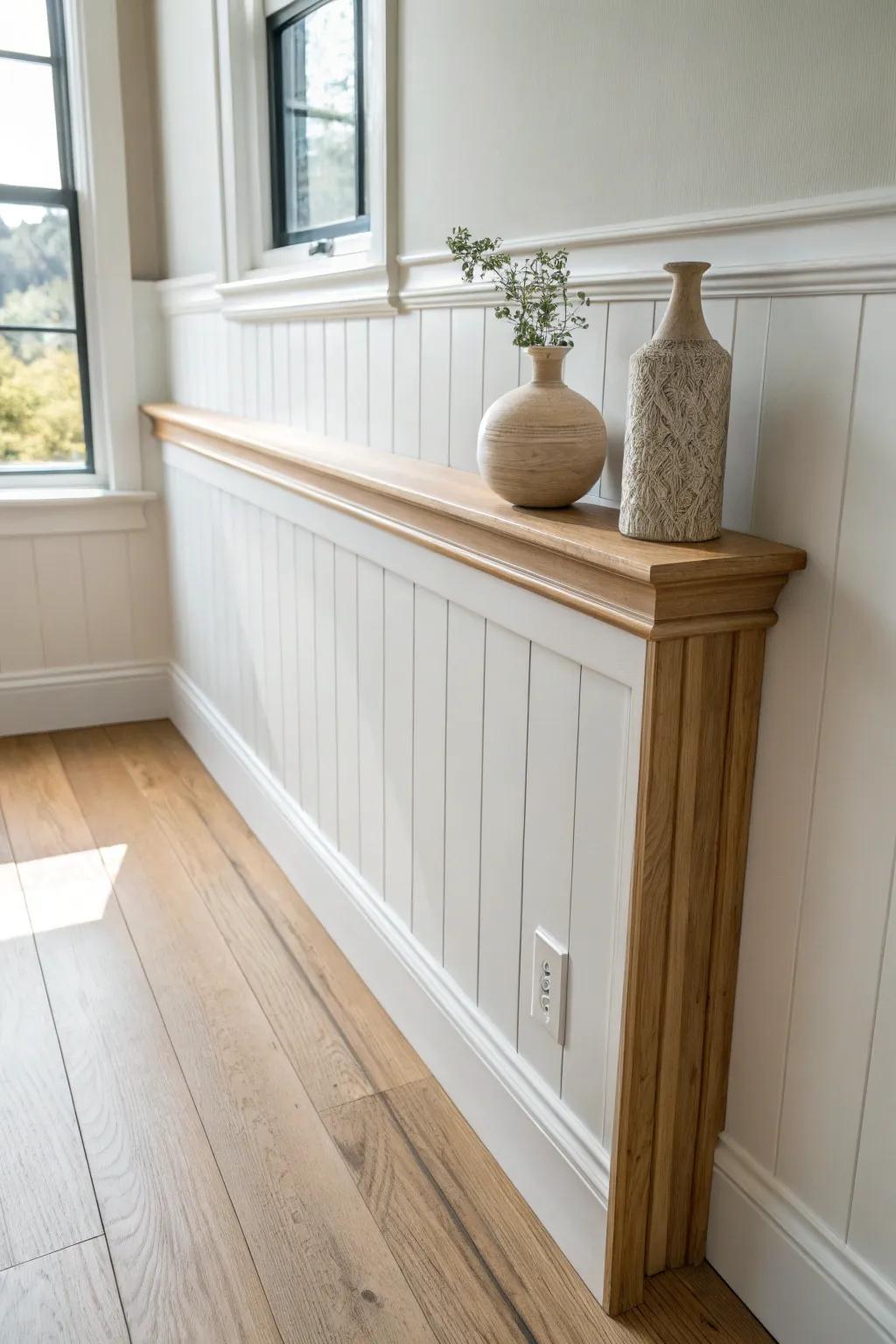 A slim chair-rail cap finishes shiplap wainscoting—and doubles as a mini display ledge.