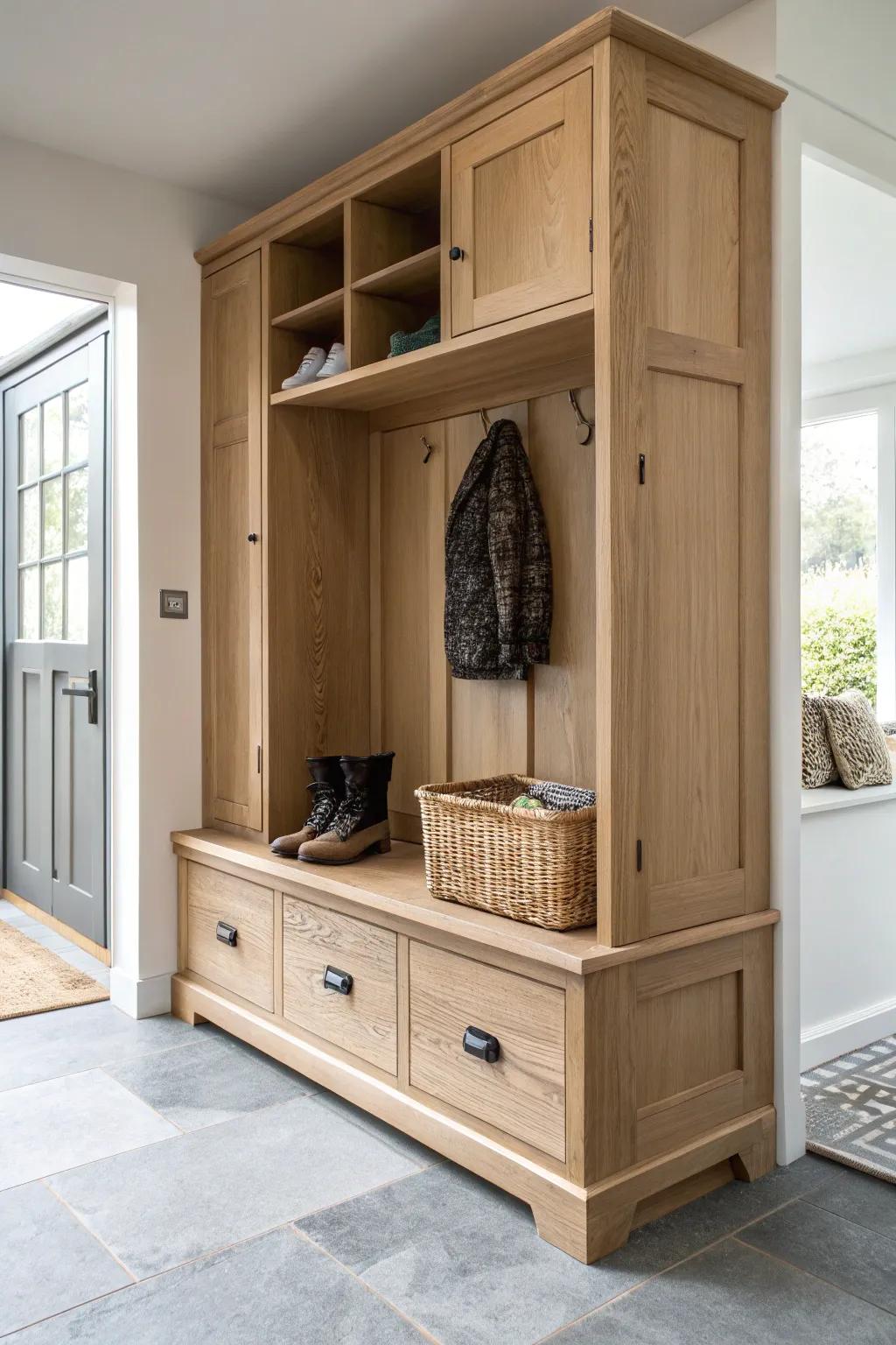 Oak mudroom “airlock” bench storage—keeps shouse dust and noise out of the living space.
