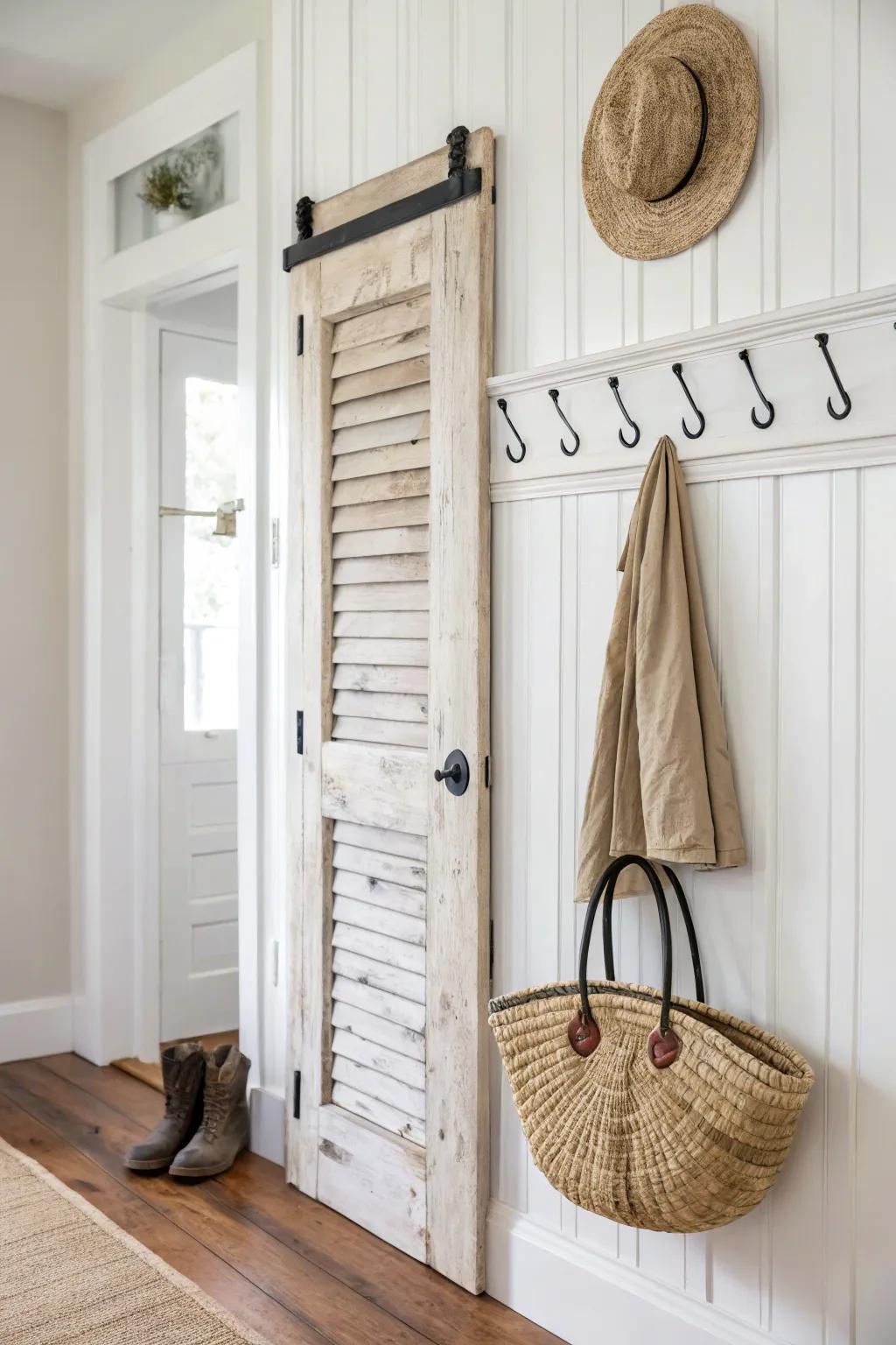 A reclaimed shutter with iron hooks—beautiful entryway wall art that keeps keys and bags handy.
