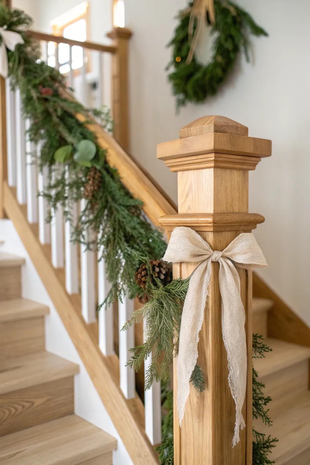 Modern, asymmetrical banister decor: one lush newel post moment and a simple garland line.