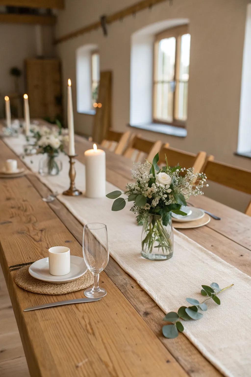 Let the oak grain shine—just a linen runner, candles, and a few blooms for effortless romance.