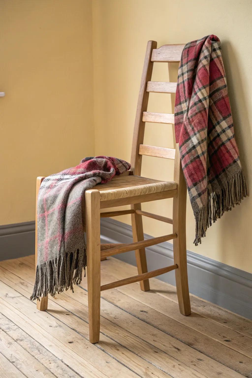 Classic plaid on warm oak—instant ski-lodge coziness that still feels calm and minimalist.
