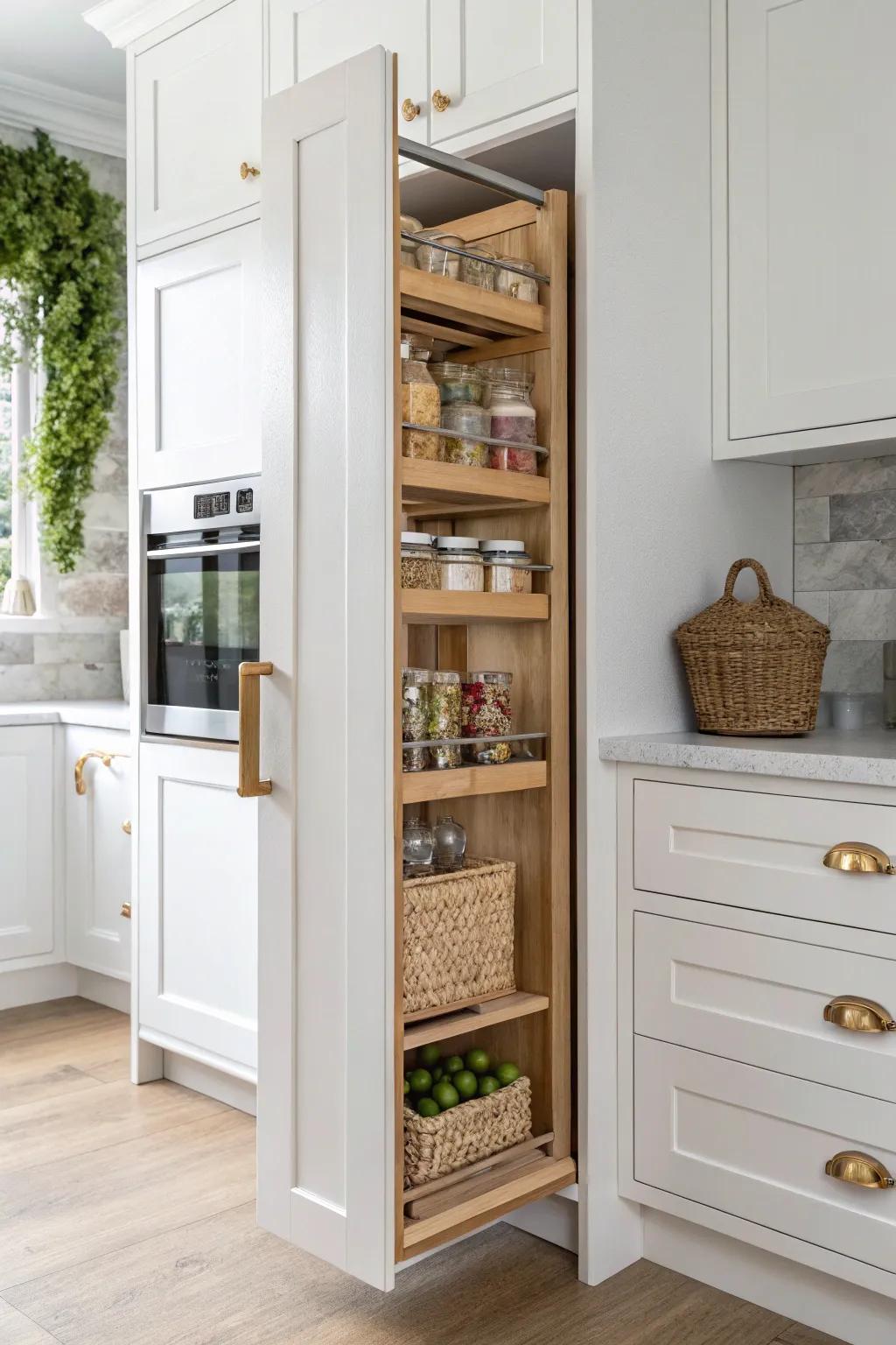 Make the fridge gap work: a slim pull‑out pantry in warm oak for snacks and wraps.