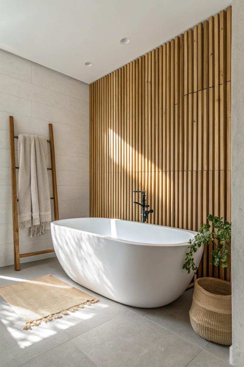 Budget spa vibes: a pre-finished oak slat wall surround that makes the tub zone feel luxe.