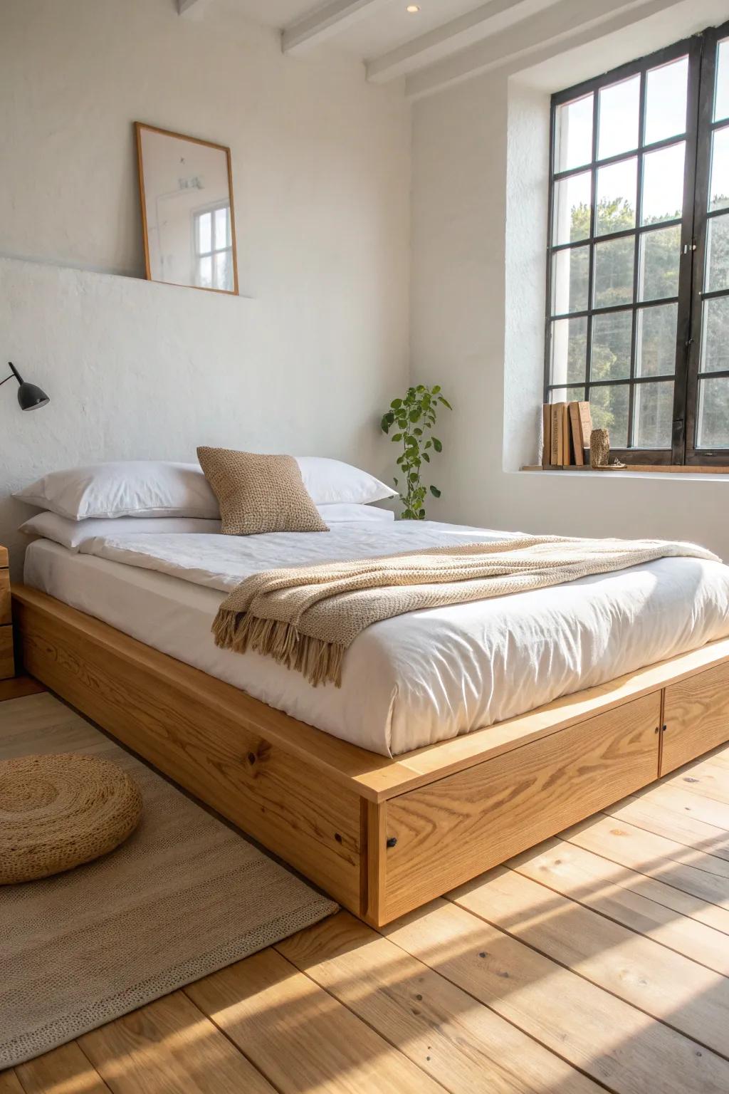 Low-profile mattress on a clean oak loft platform—airy headroom, minimalist bedding, cozy calm.