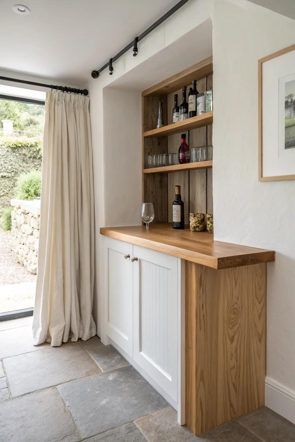 A tiny built-in bar nook with a warm oak counter and vertical storage that feels custom.