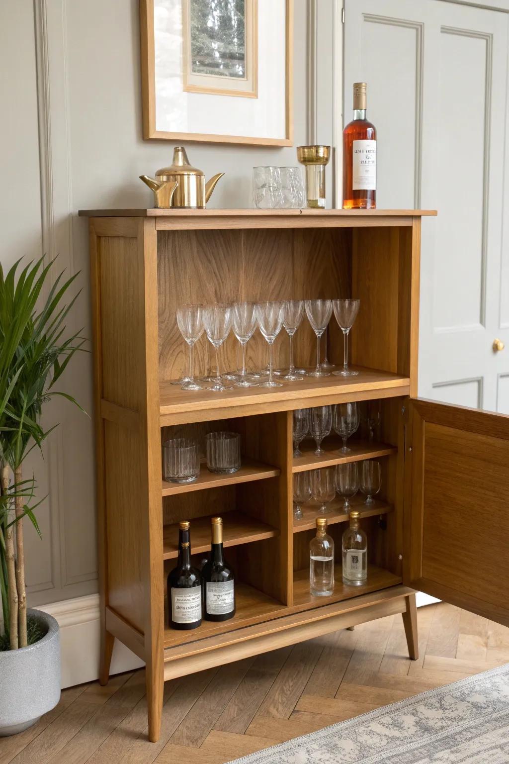 A bookcase cocktail bar: stained wood counter, glassware row, and minimalist boho warmth.