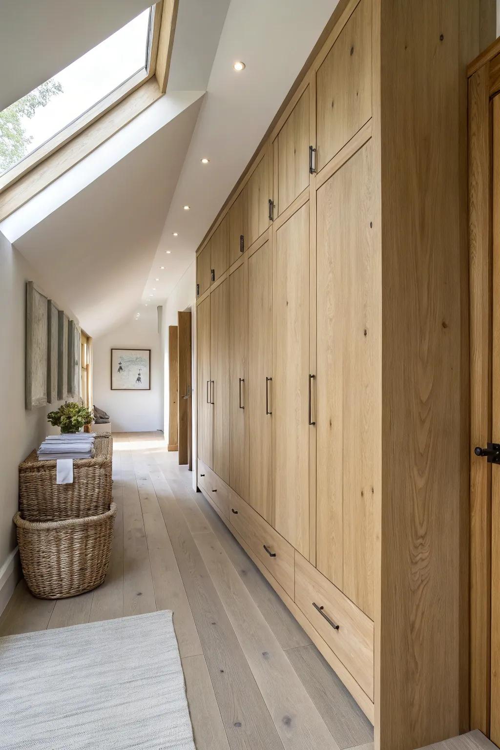 A streamlined bedroom wing: one handcrafted oak storage wall keeps the barn’s main room open.