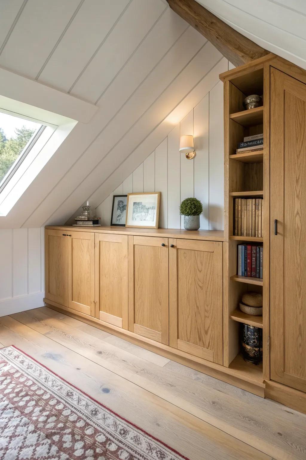 Under-eave built-ins that vanish into paneling—hidden storage that keeps a small loft open.