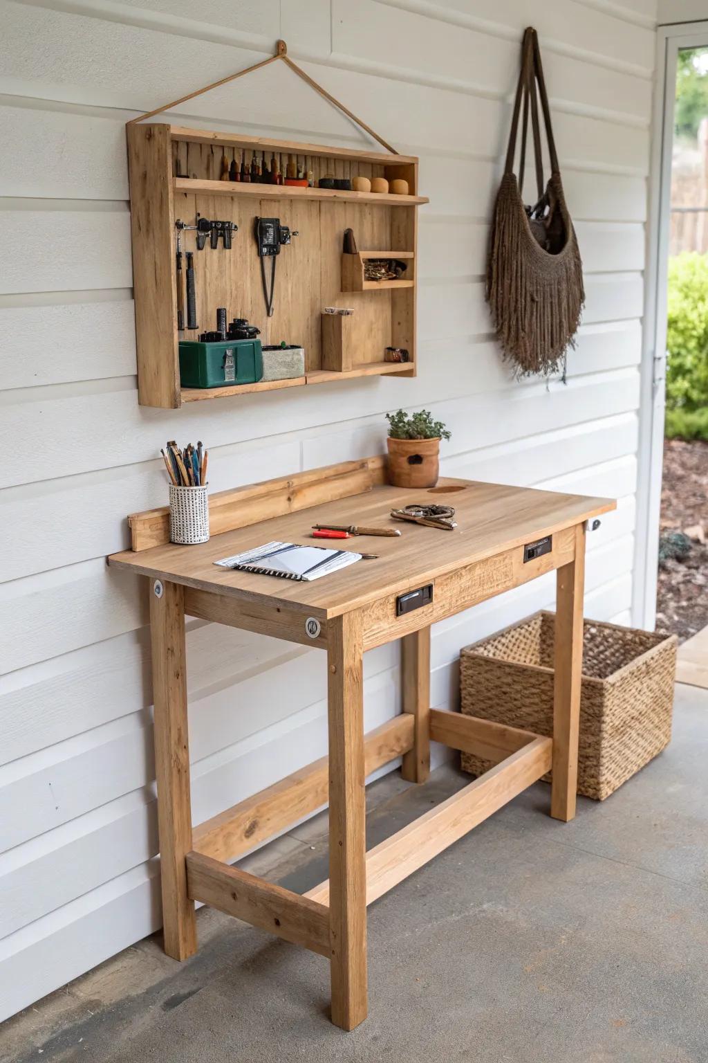 A space-saving fold-down workbench turns an attached garage bay into a cozy workshop.