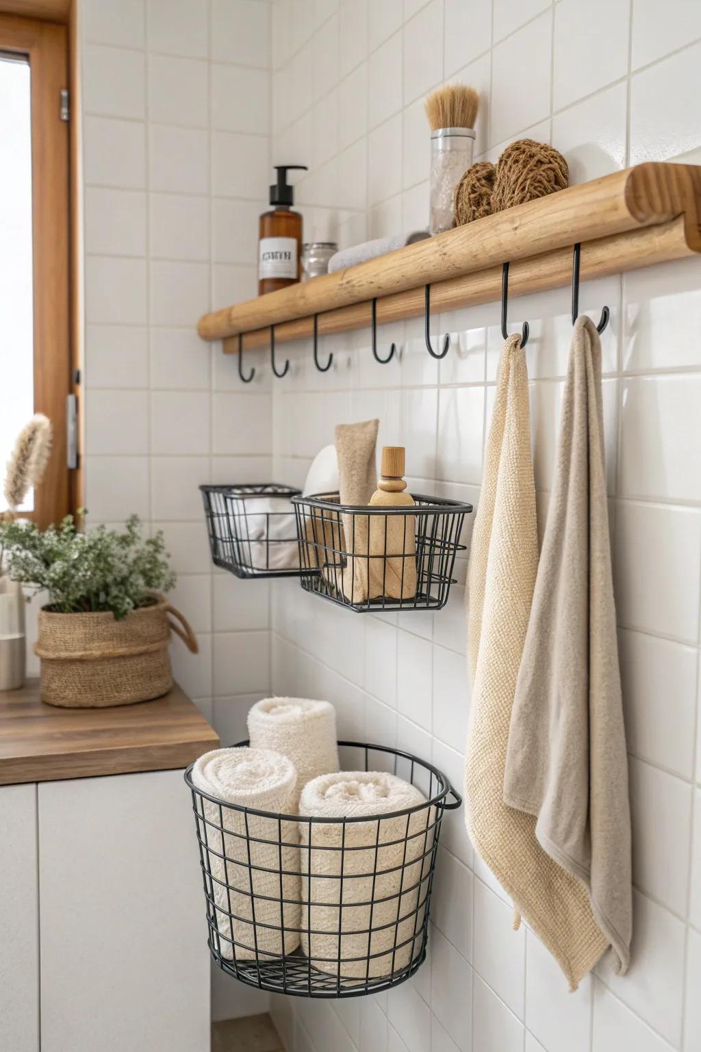 Wall-mounted basket rail: warm oak + sleek wire baskets for clutter-free bathroom storage.