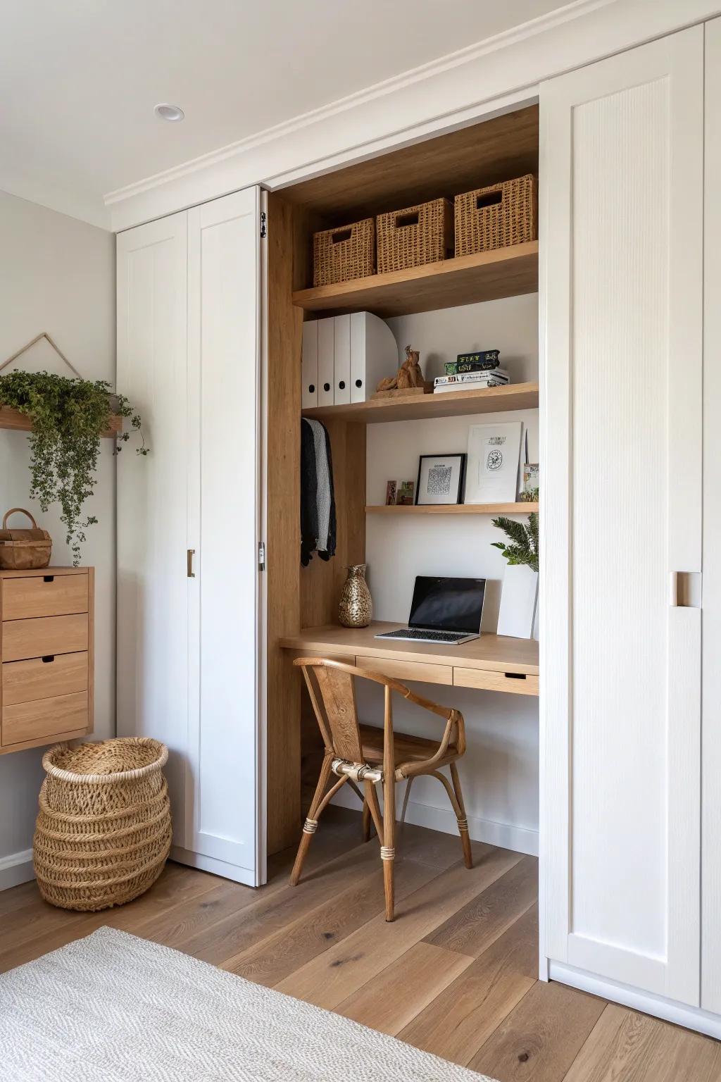 A hidden cloffice: slim oak desk and shelves tucked behind closet doors—small bedroom win.