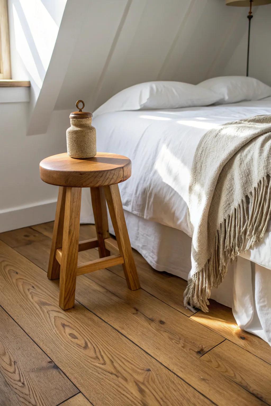 Warm mid-tone oak floors bring cozy balance to small bedrooms—bright, grounded, and forgiving.