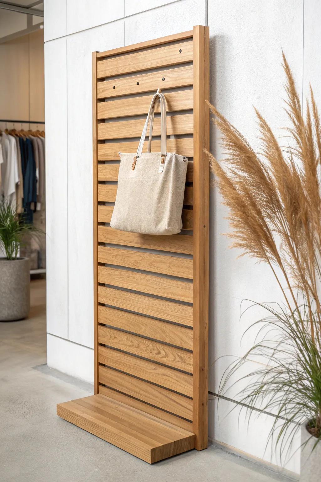 Warm oak slatwall panel—vertical display that keeps your small booth airy and conversation-ready.