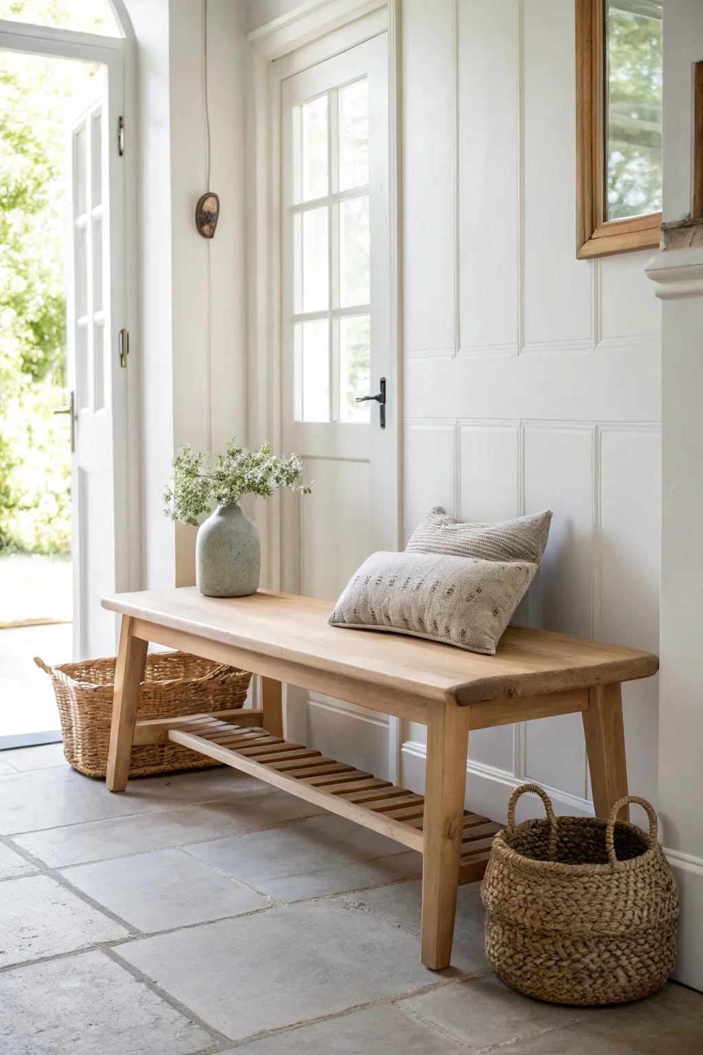 Bright breezeway refresh: warm light-wood bench against soft white walls for airy contrast.