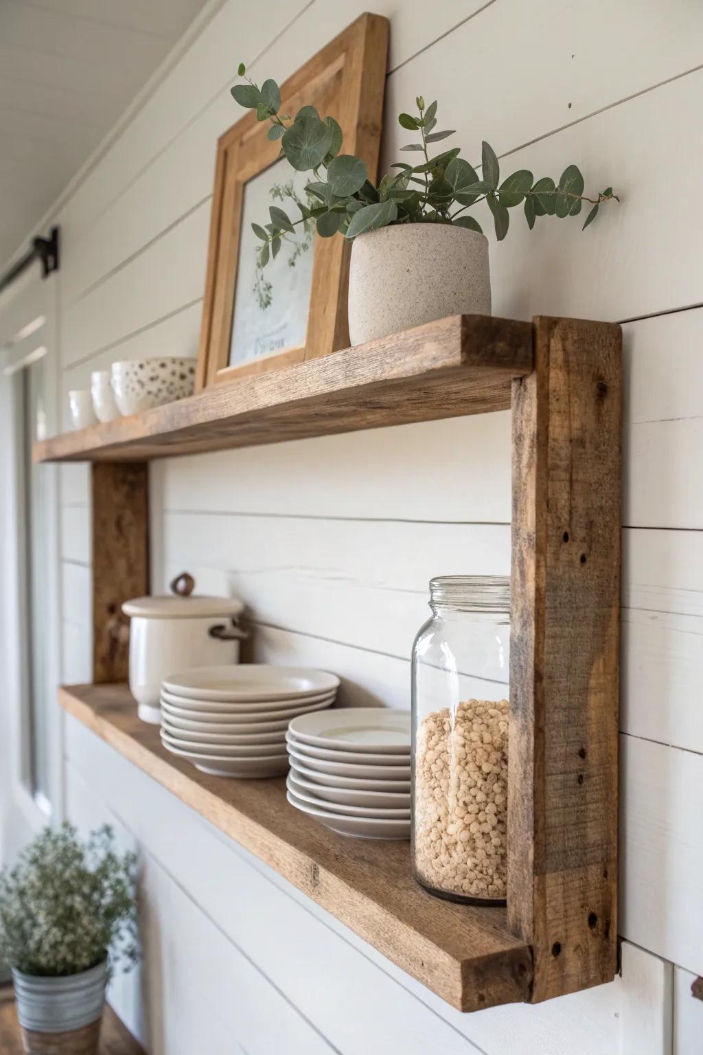 Reclaimed wood open shelving keeps a small cabin kitchen airy and beautifully functional.