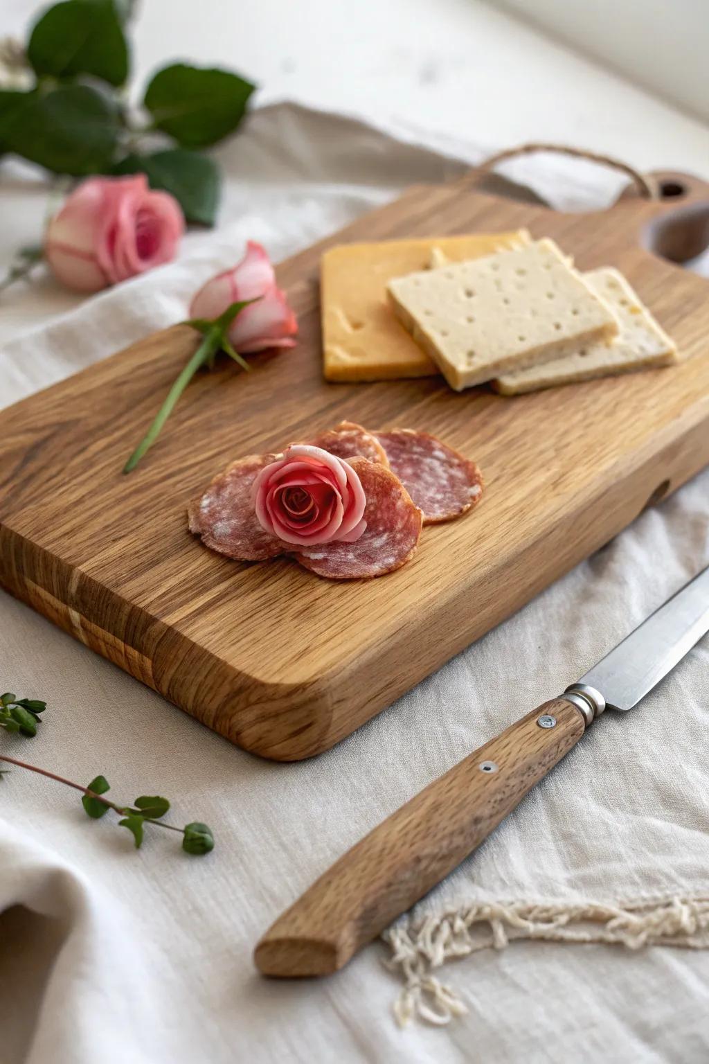 One salami rose transforms a small cheese board into an elegant, effortless centerpiece.