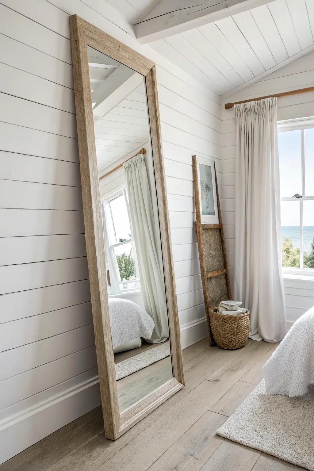 A tall oak-framed mirror opposite the window doubles coastal light in a small bedroom.