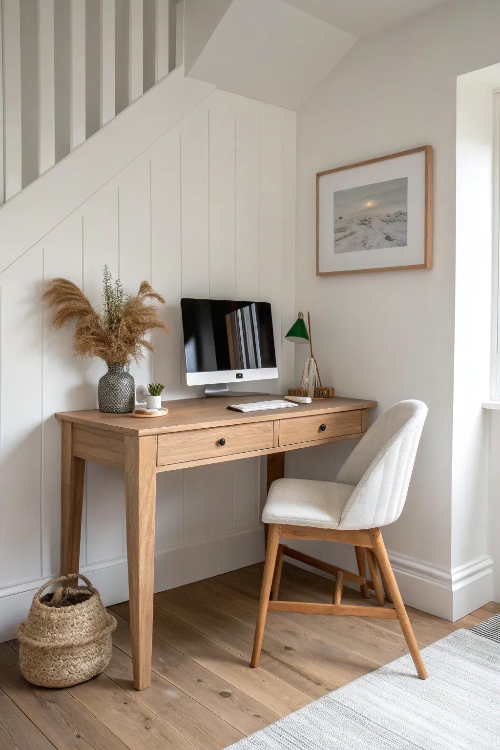 A snug built-in oak desk turns a tricky alcove corner into a calm, intentional workspace.