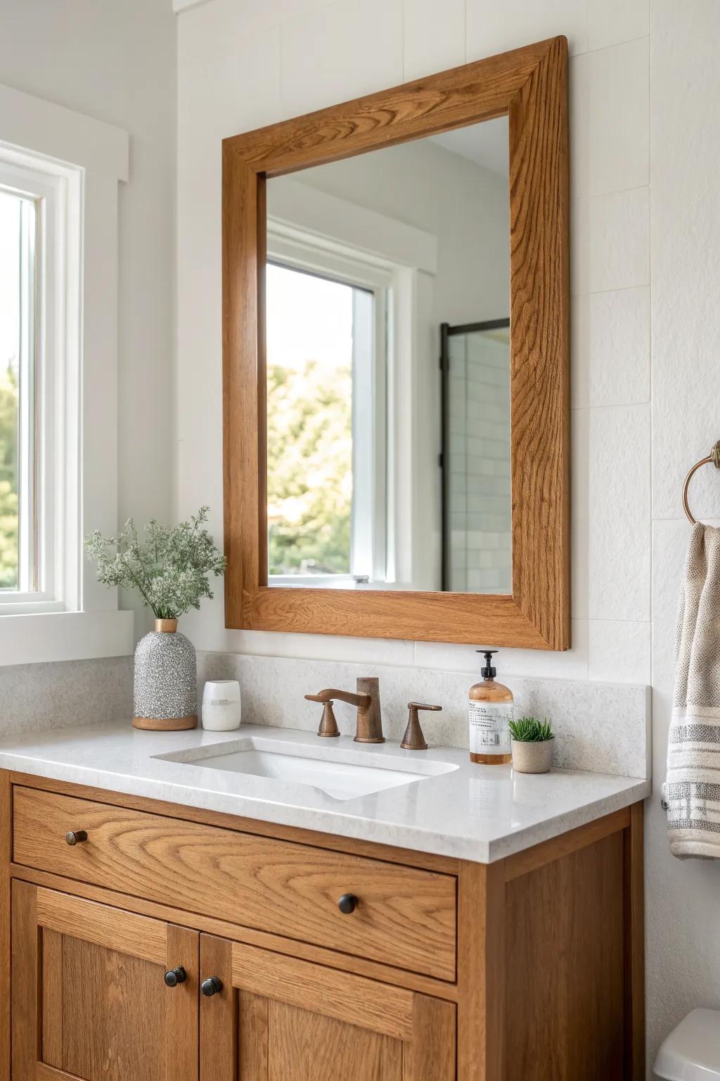 A wood-framed mirror in matching vanity tones makes a small Craftsman bath feel complete.