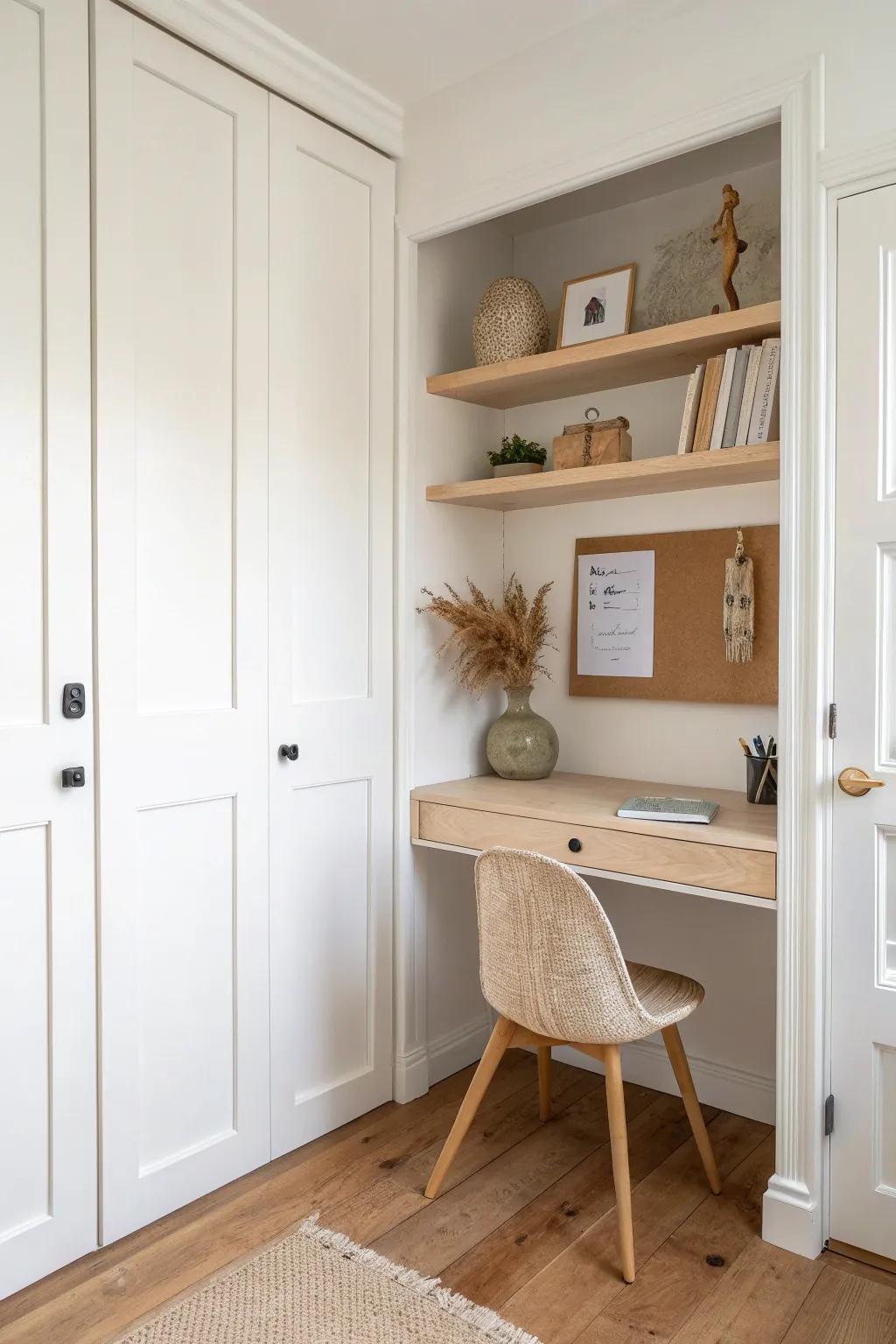 A closet desk nook with a built-in birch surface and shelf—minimal, warm, and hideable.