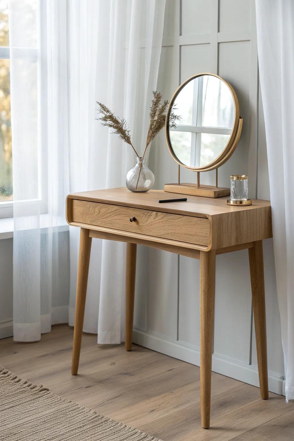 A slim oak vanity under the window—clean, bright daylight and calm Scandinavian simplicity.