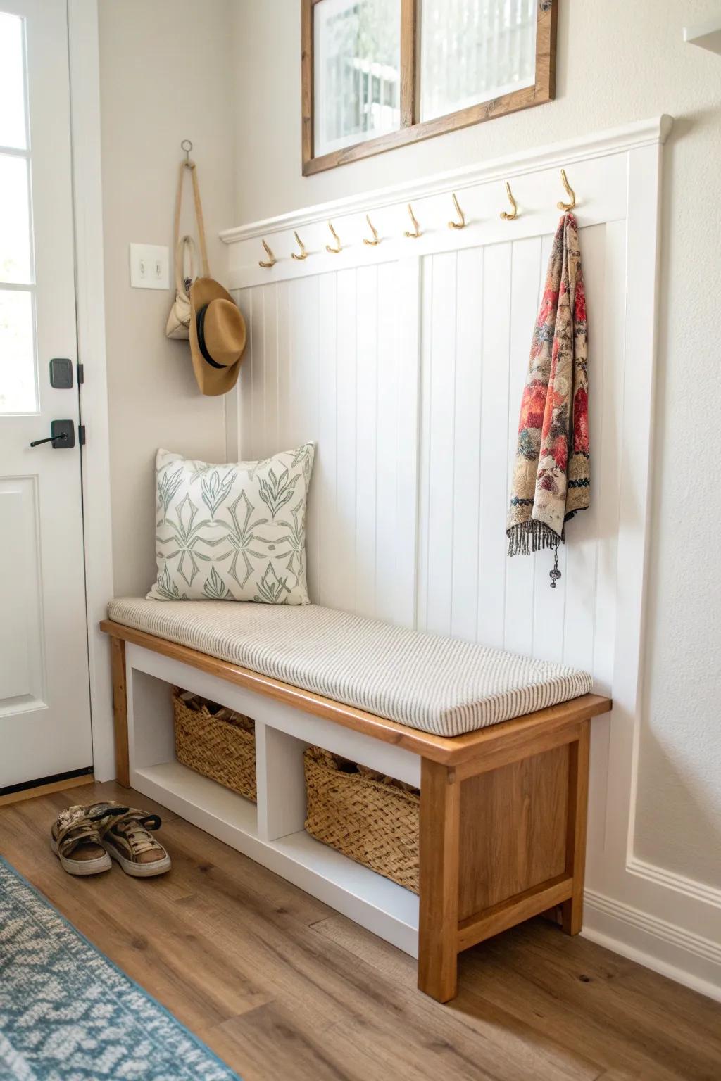 Crisp board-and-batten nook with a stained wood bench—minimal, warm, and intentional.