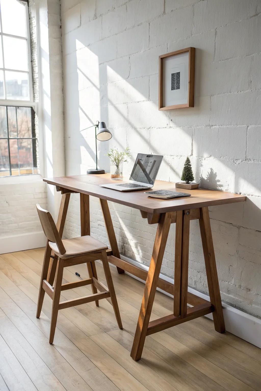 Airy handmade sawhorse desk: farmhouse warmth for tight spaces with minimalist Scandinavian lines.