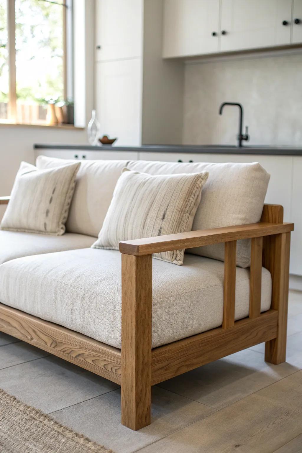 A low-profile oak sofa keeps sightlines open, making a small kitchen-living room feel brighter.