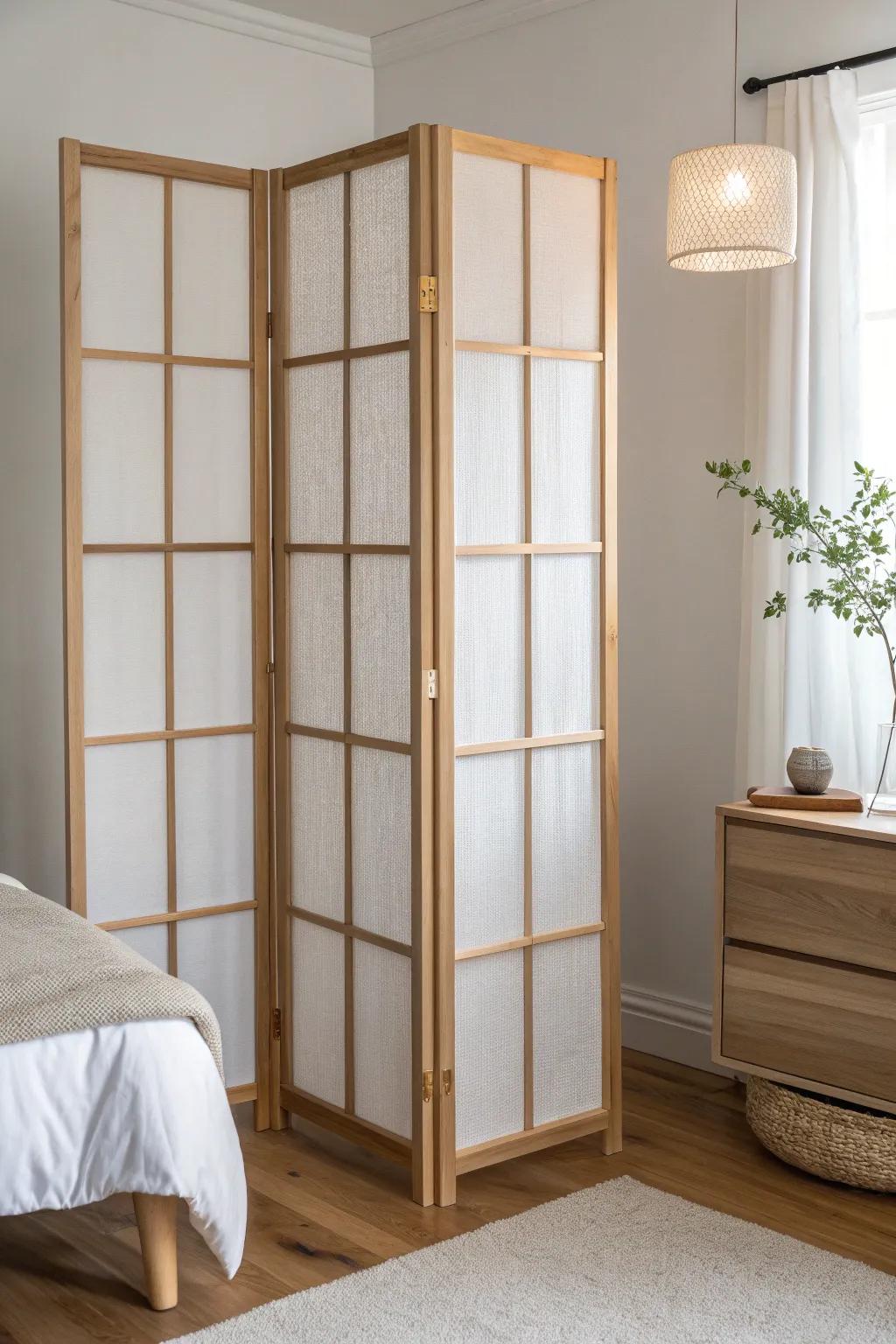 Handmade shoji divider: separate sleep and storage while keeping the room bright and airy.