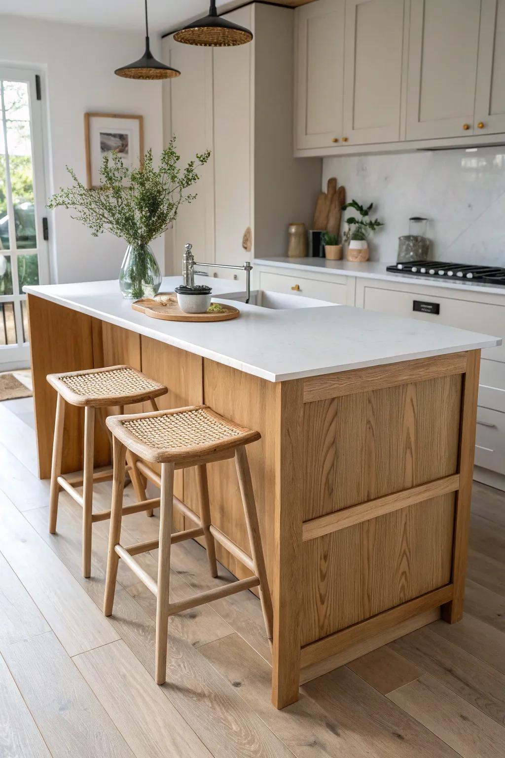 Tuck-under stools keep a small L-shaped kitchen island clear, calm, and easy to move around.