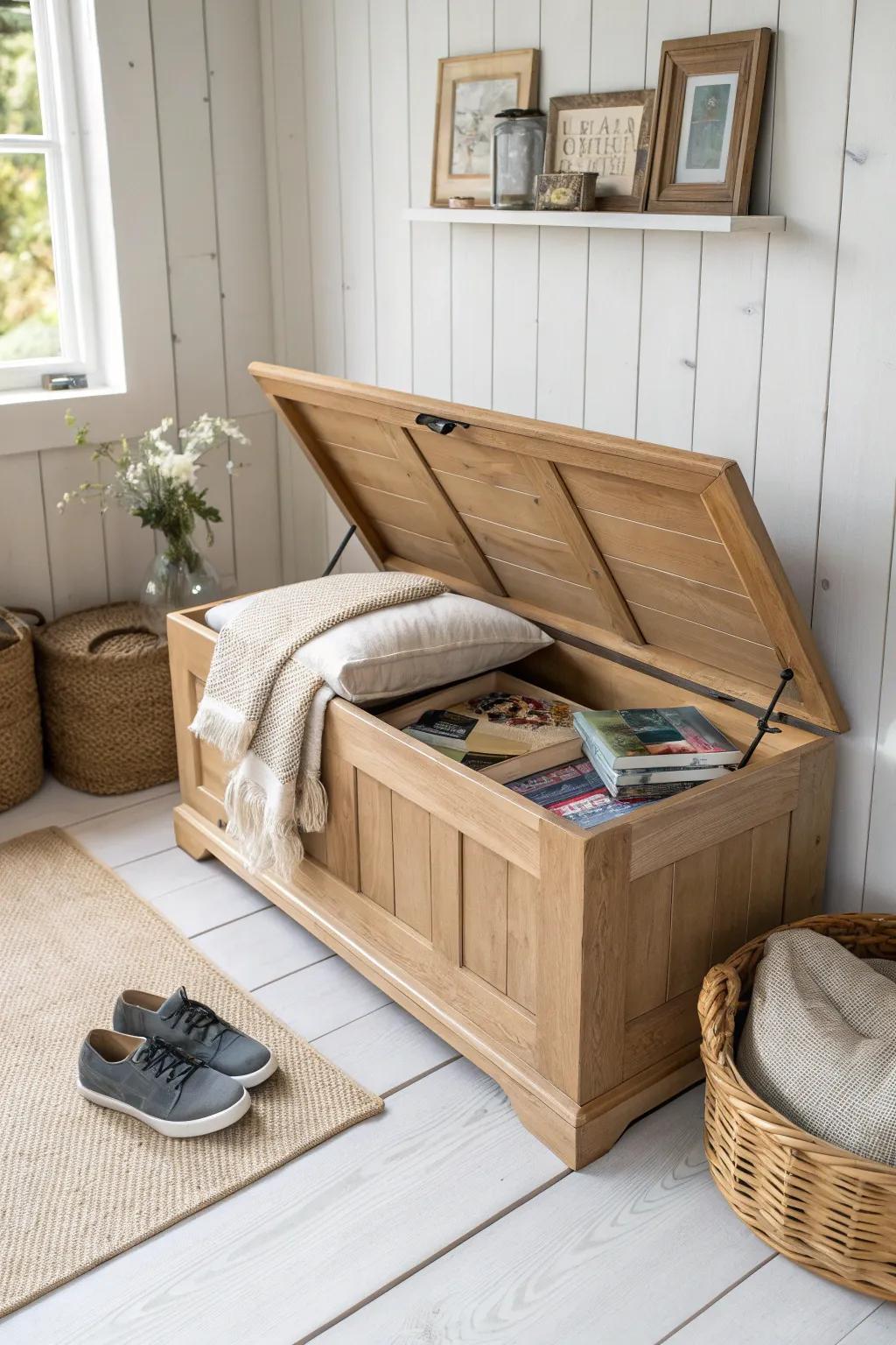 Lift-top bench seating: hidden storage for blankets, games, and cords—no clutter, all style.
