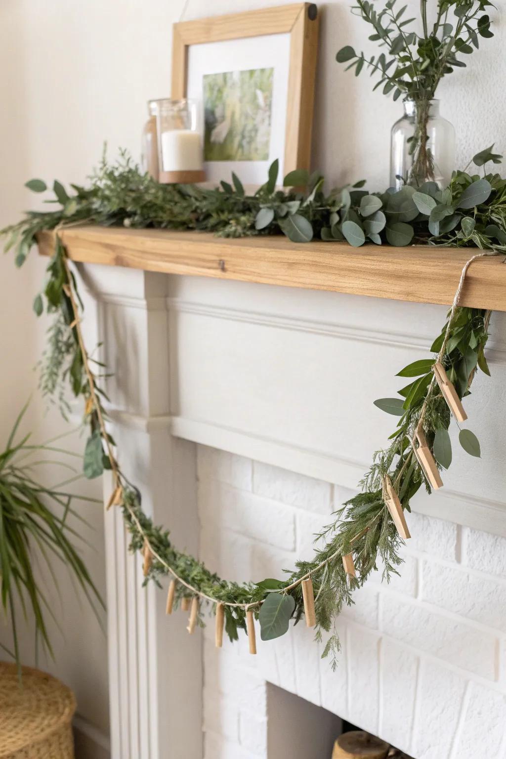 A simple greenery swag brings soft, natural charm to a small mantel—minimal and handmade.
