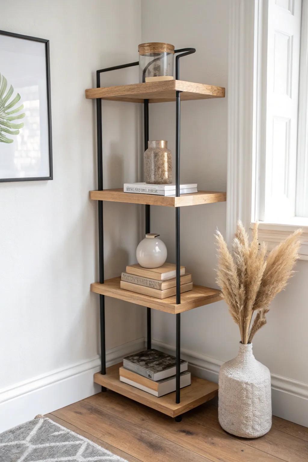 Turn a forgotten corner into a tiny library with warm oak wrap shelves and clean lines.