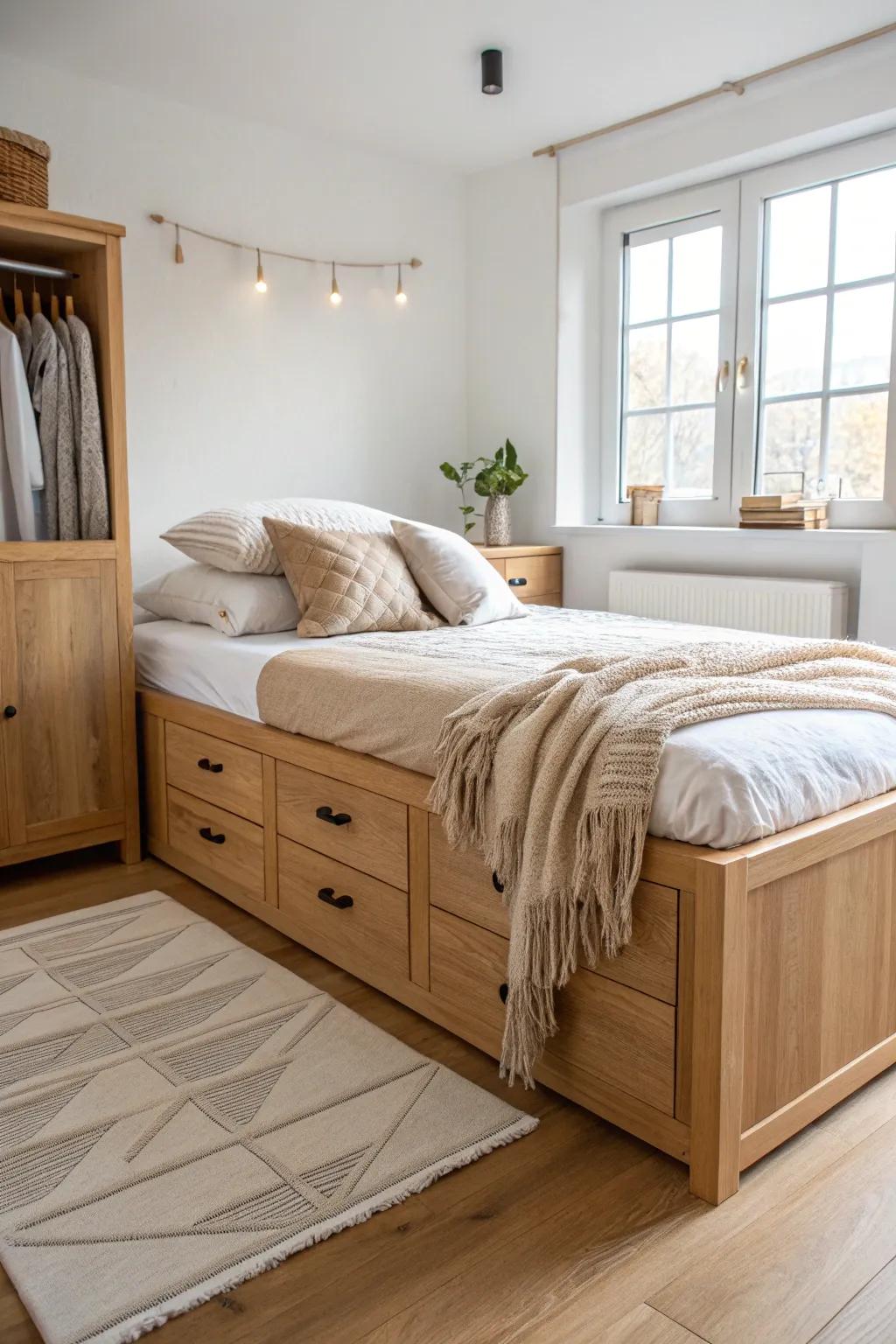Footboard cabinets turn a raised platform bed into built-in-style linen storage for small rooms.