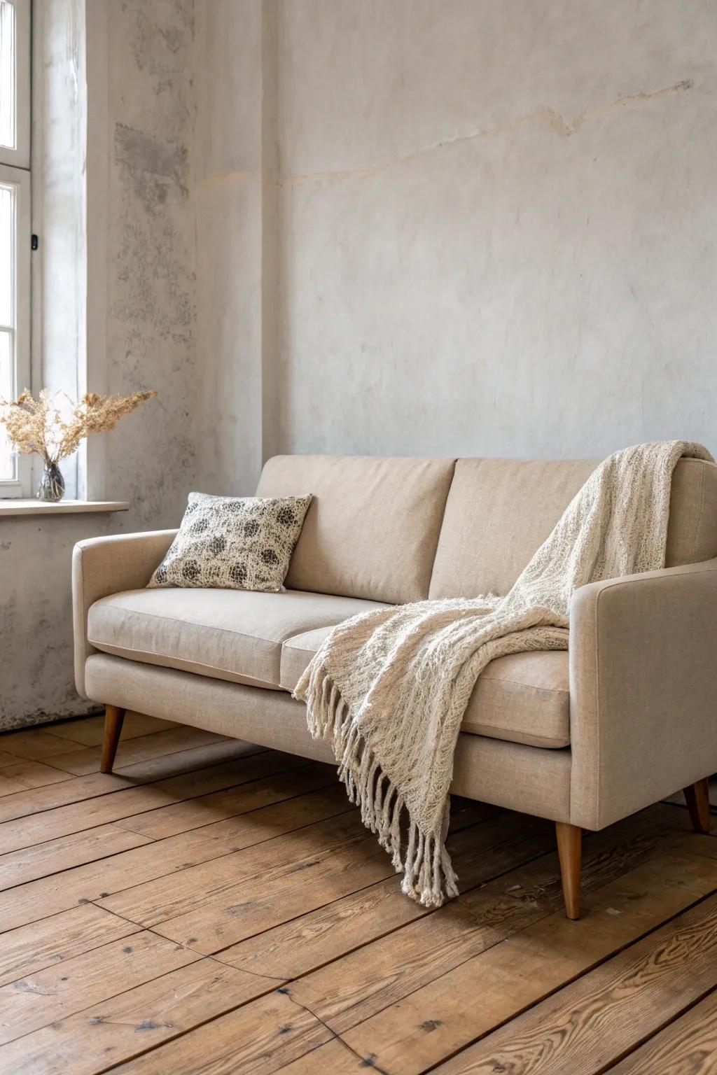 Low, cozy seating keeps a small rustic living room airy, warm, and beautifully balanced.