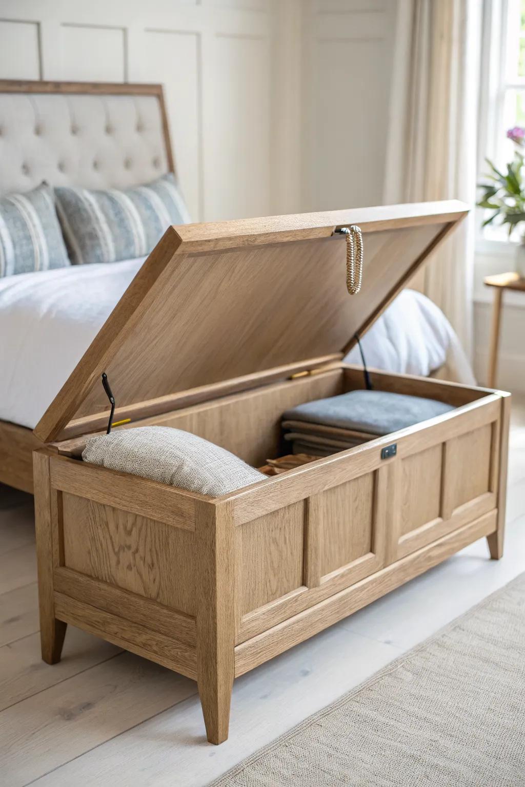 Soft rolled-arm storage bench in oak—mini sofa comfort with hidden space at the bed’s end.